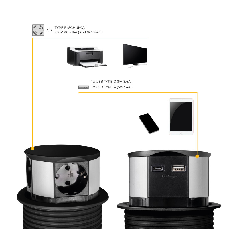 Multiconnettore Vertikal Push diametro 100mm, 3 spine di tipo Schuko, 1 USB tipo A, 1 USB tipo C, Acciaio e Tecnoplastica