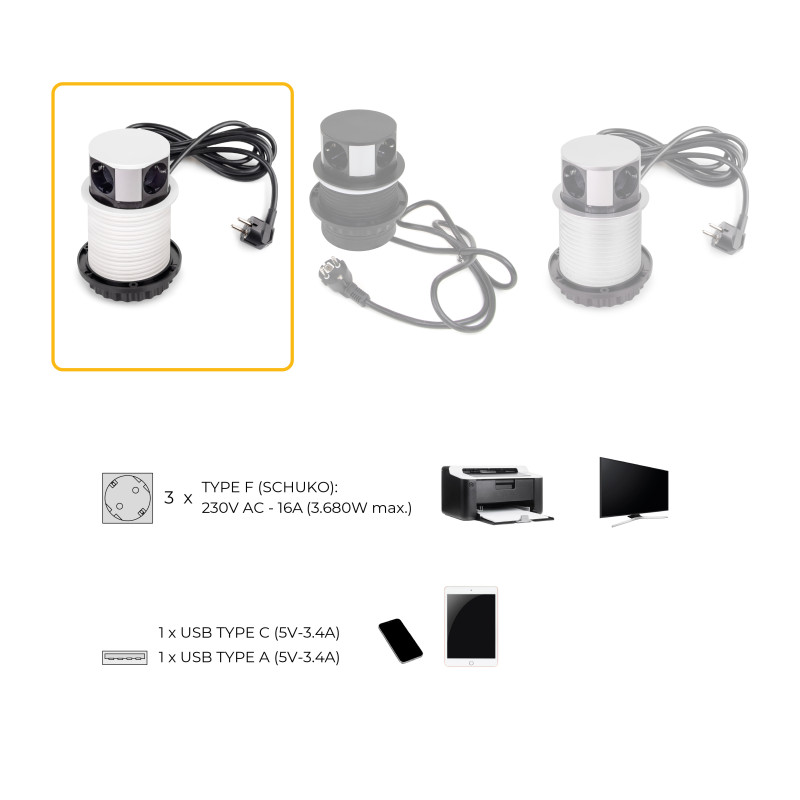 Multiconnettore Vertikal Push diametro 100mm, 3 spine di tipo Schuko, 1 USB tipo A, 1 USB tipo C, Acciaio e Tecnoplastica