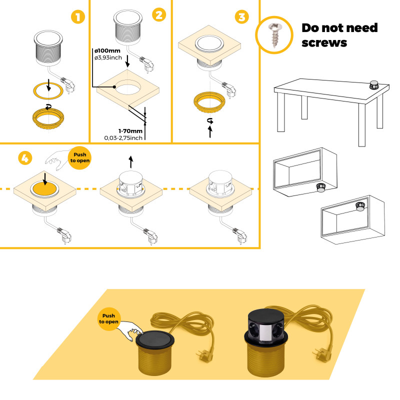 Multiconnettore Vertikal Push diametro 100mm, 3 spine di tipo Schuko, 1 USB tipo A, 1 USB tipo C, Acciaio e Tecnoplastica