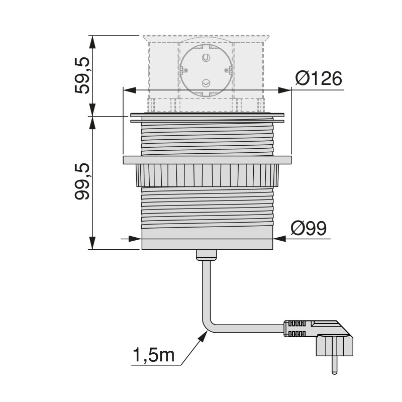 Multiconnettore Vertikal Push diametro 100mm, 3 spine di tipo Schuko, 1 USB tipo A, 1 USB tipo C, Acciaio e Tecnoplastica