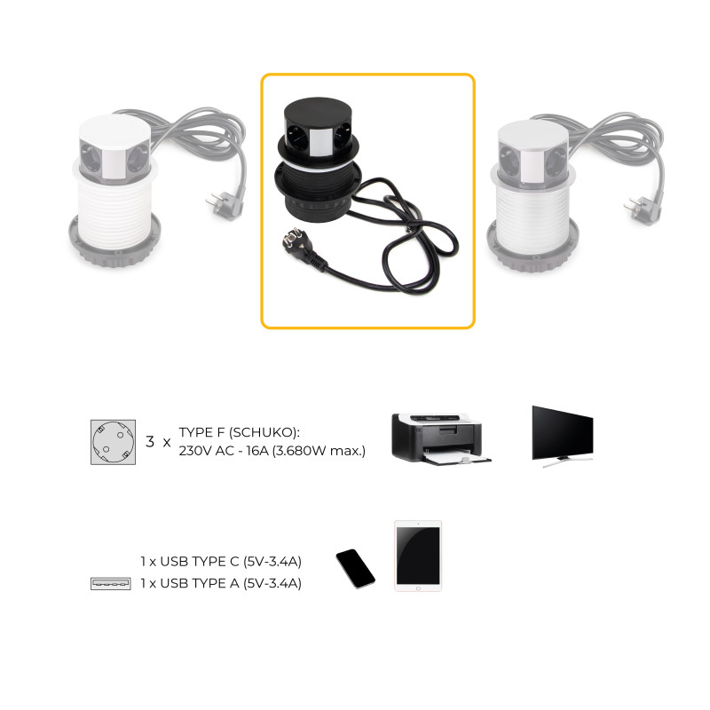 Multiconnettore Vertikal Push diametro 100mm, 3 spine di tipo Schuko, 1 USB tipo A, 1 USB tipo C, Acciaio e Tecnoplastica