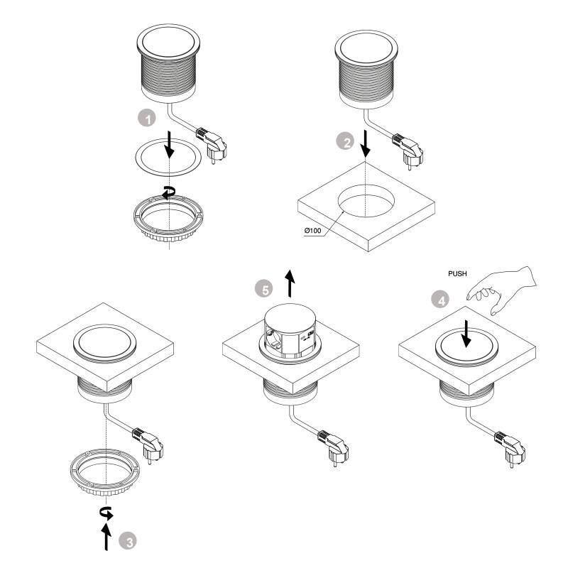 Multiconnettore Vertikal Push diametro 100mm, 3 spine di tipo Schuko, 1 USB tipo A, 1 USB tipo C, Acciaio e Tecnoplastica