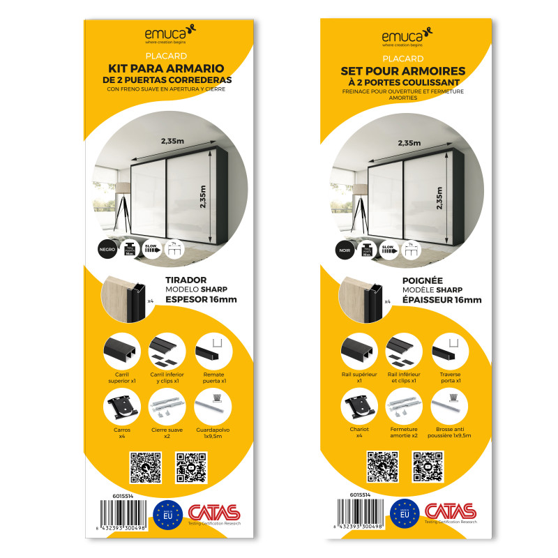 Kit di ferramenta per armadio 2 ante e chiusura ammortizzata Placard 74, Modello Maniglia Sharp, spessore 16 mm, pannelli