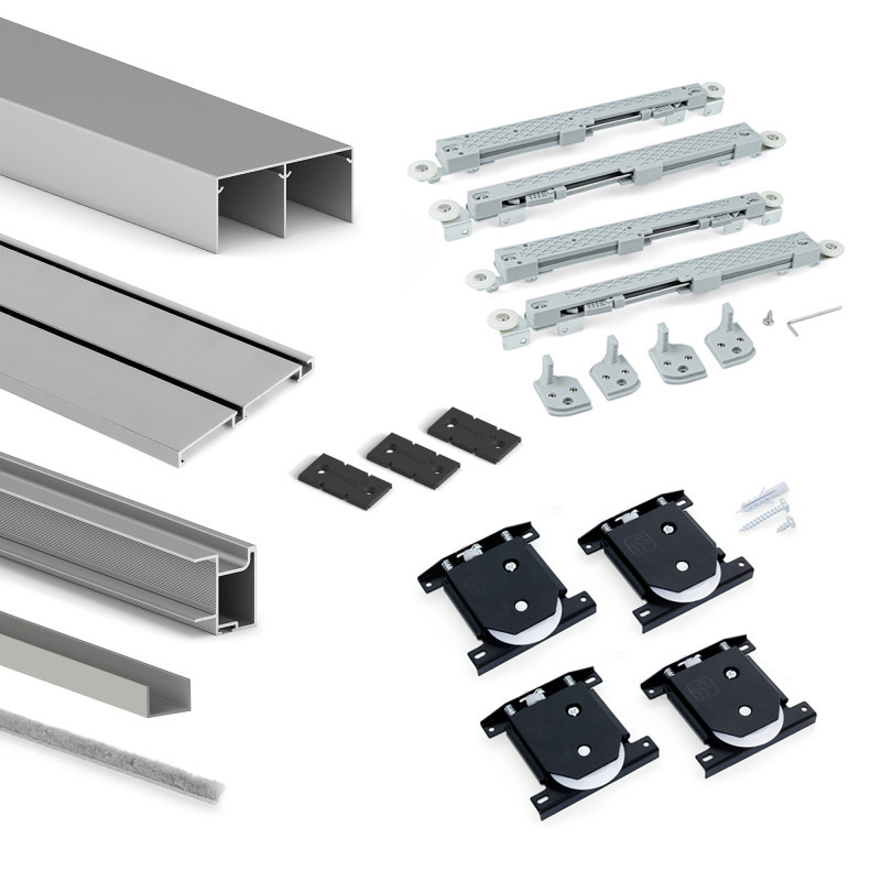 Kit di ferramenta per armadio a 2 porte scorrevoli e chiusura ammortizzata Neco, spessore 16 mm, pannelli non inclusi, Gri