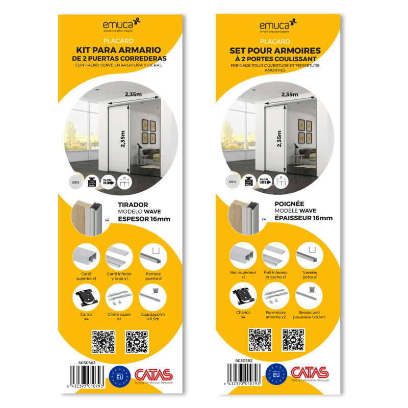 Kit di ferramenta per armadio a 2 porte scorrevoli e chiusura ammortizzata Placard 81, profilo Wave, spessore 18 mm, panne