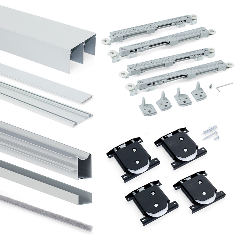 Kit di sistema scorrevole Railway per ante scorrevoli in legno appese e chiusura ammortizzata, 80 kg, Alluminio, Anodizzat