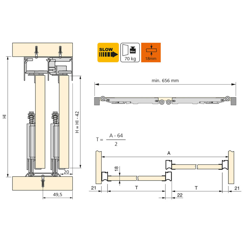 Kit di sistema scorrevole Railway per ante scorrevoli in legno appese e chiusura ammortizzata, 80 kg, Alluminio, Anodizzat