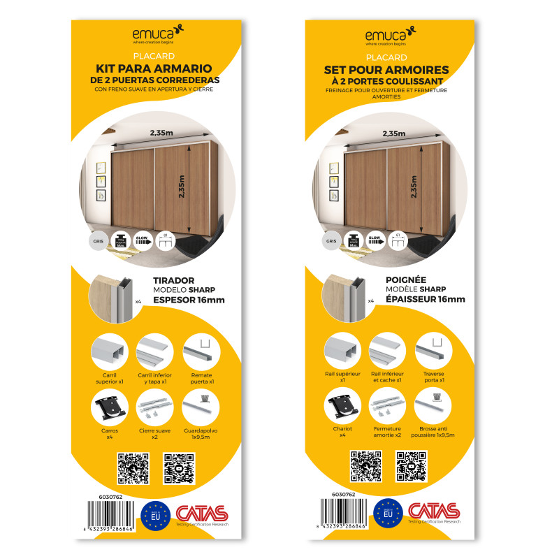 Kit di ferramenta per armadio a 2 ante e chiusura ammortizzata Placard 81, Profilo Deep, spessore 18 mm, pannelli non incl