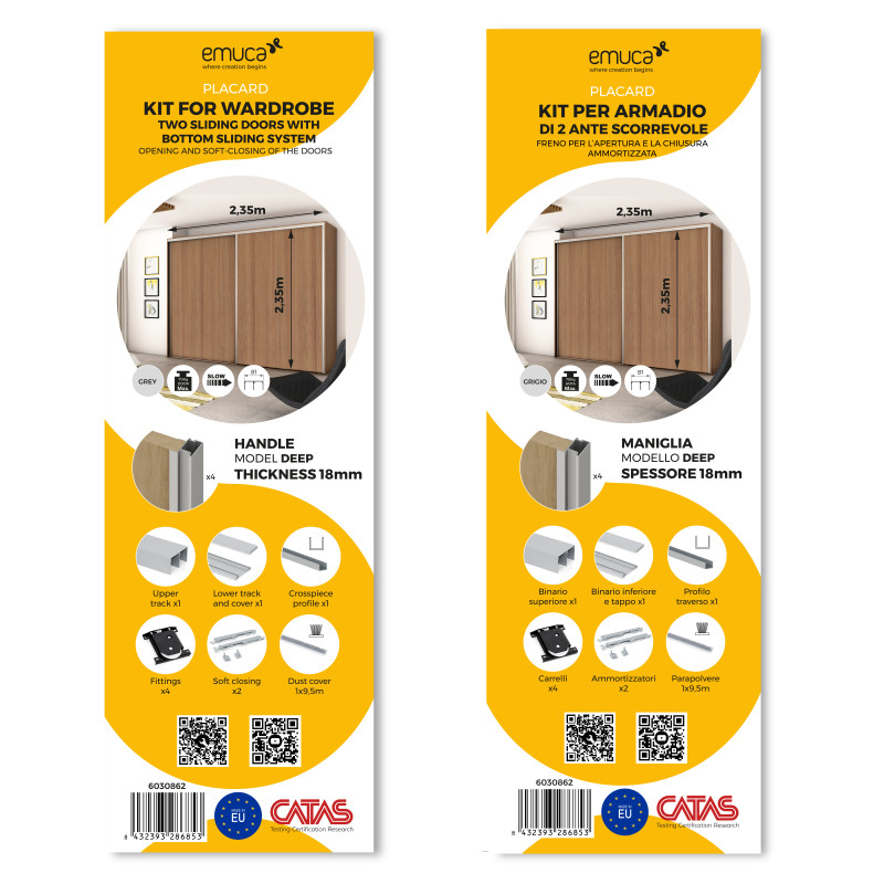 Kit di ferramenta per armadio a 2 ante e chiusura ammortizzata Placard 90, profilo Vall, spessore 19 mm, pannelli non incl