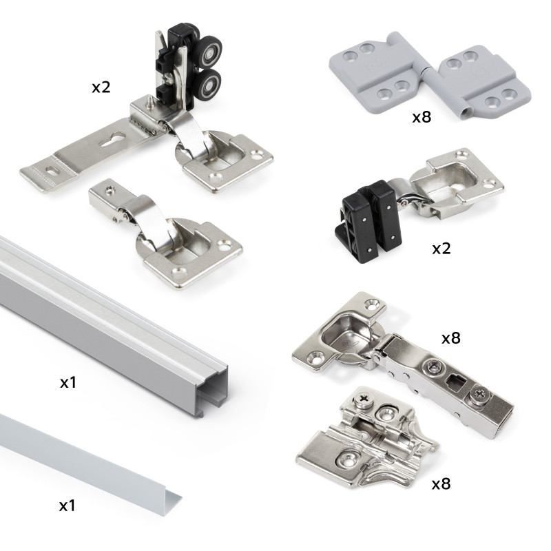 Kit di ferramenta per armadio 2 ante scorrevoli pieghevoli con chiusura soft Twofold, per 4 pannelli non inclusi, Senza gu