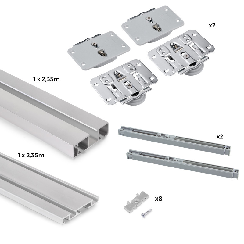 Kit di ferramenta per armadio 2 con porte scorrevoli e chiusura soft Flow2 con binari incassati 2,35 m, pannelli non inclu
