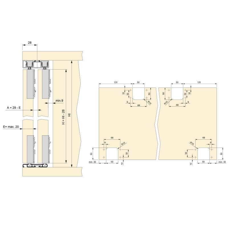 Kit di ferramenta per armadio 2 con porte scorrevoli e chiusura soft Flow2 con binari incassati 2,35 m, pannelli non inclu