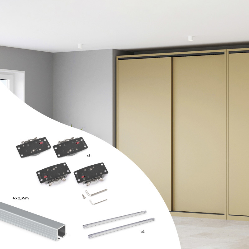 Kit di ferramenta per armadio 2 con porte scorrevoli e chiusura soft Flow2 con binari incassati 2,35 m, pannelli non inclu