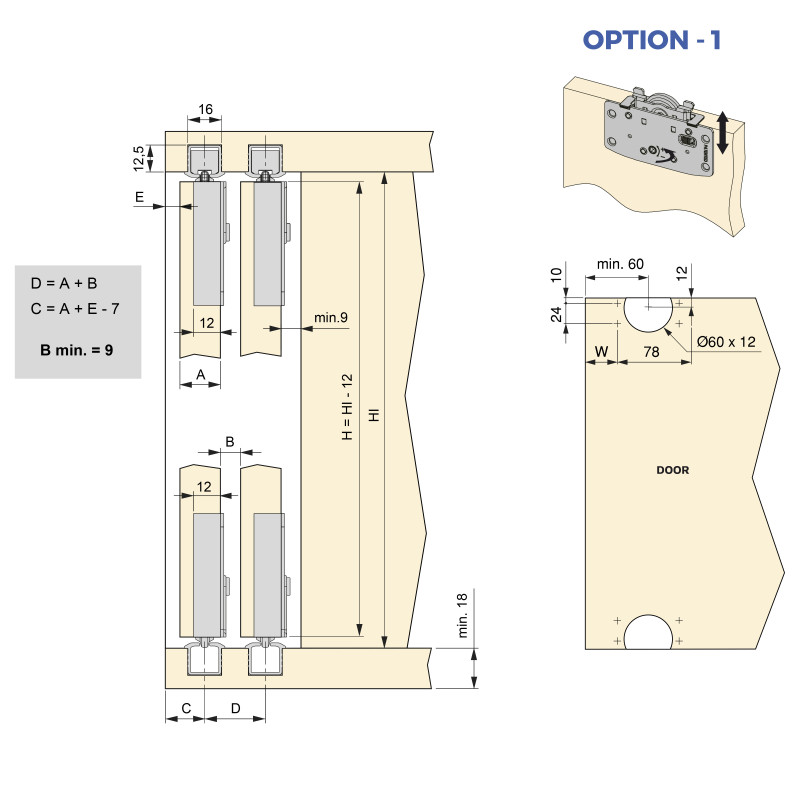 Sistema Flow 2 da superficie in kit per un armadio con 2 ante scorrevoli in legno supportate da chiusura ammortizzata