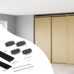 Sistema Flow 2 da superficie in kit per un armadio con 2 ante scorrevoli in legno supportate da chiusura ammortizzata