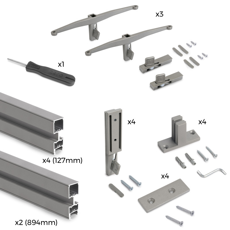 Kit per la realizzazione di una composizione modulare Zero con ferramenta per il montaggio a parete, Alluminio e Zama, Ver