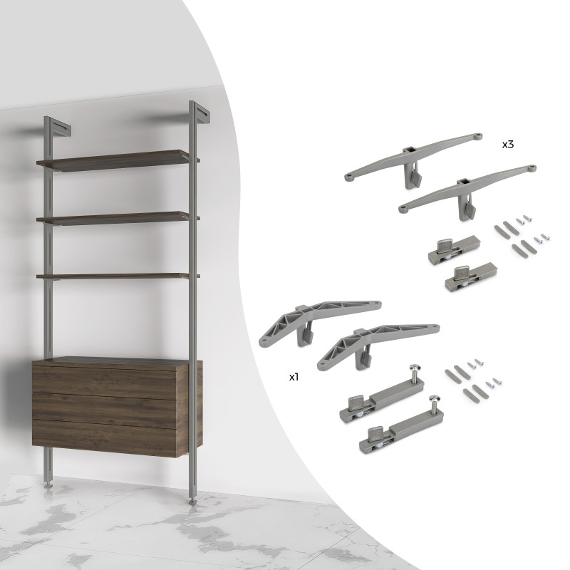 Emuca Kit di staffe per 3 ripiani in legno e 1 modulo per struttura Zero, Zama, Verniciato nero testurizzato
