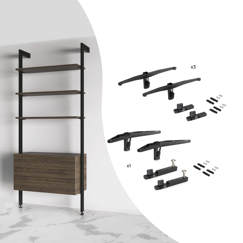 Kit di staffe per 4 ripiani in legno e 1 asta appendiabiti lunga 1 m Zero, Alluminio e Zama e Tecnoplastica, Verniciato gr