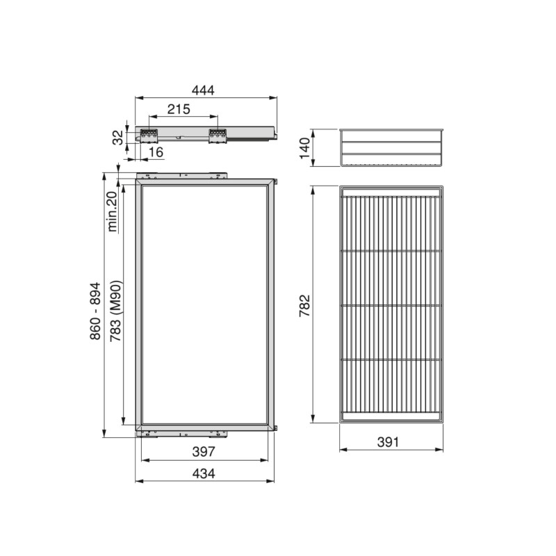 Kit di cassetto organizzatore e telaio a scorrimento con chiusura ammortizzata per armadio, regolabile, modulo 600 mm, Gri