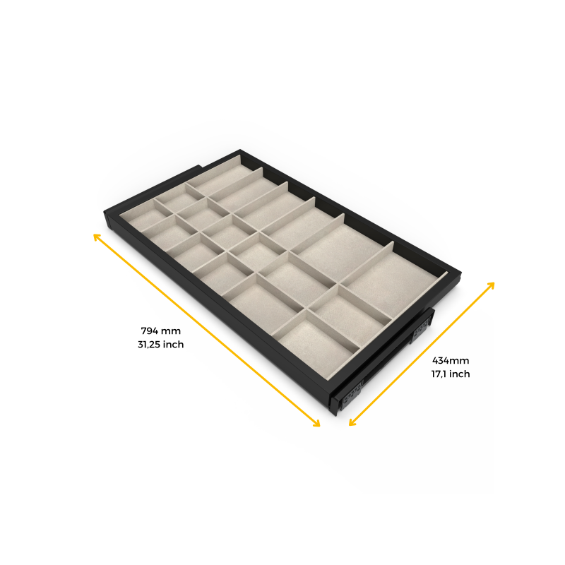 Kit di cassetto organizzatore e telaio a scorrimento con chiusura ammortizzata per armadio, regolabili, modulo 900 mm, Gri