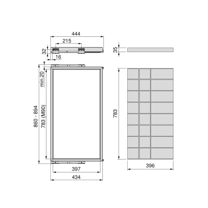 Kit di cassetto organizzatore e telaio a scorrimento con chiusura ammortizzata per armadio, regolabili, modulo 900 mm, Ner
