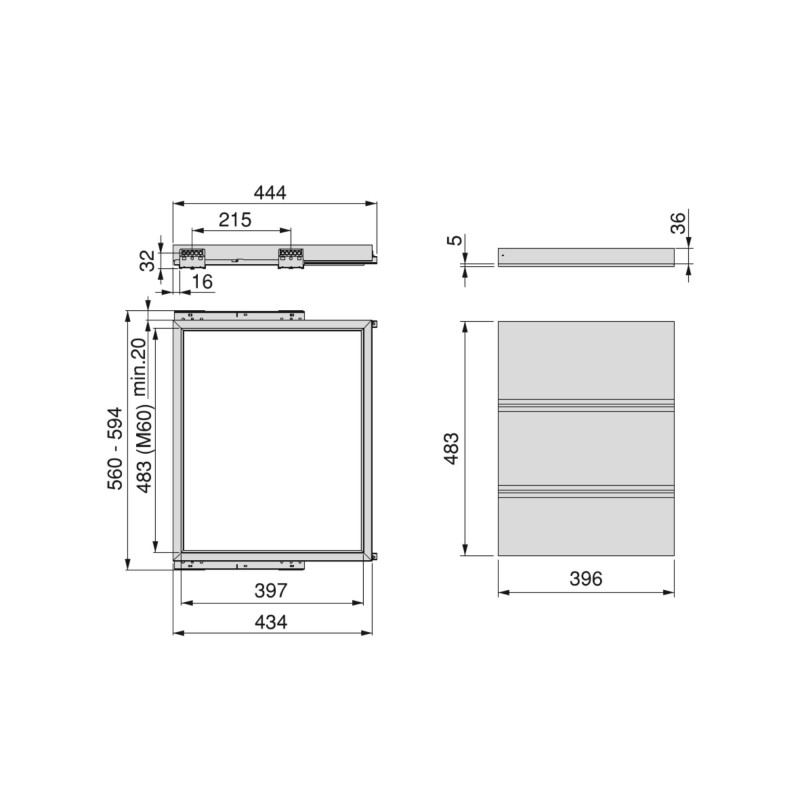Kit di vassoio metallico e telaio a scorrimento con chiusura ammortizzata per armadio, regolabile, modulo 600 mm, Nero tes
