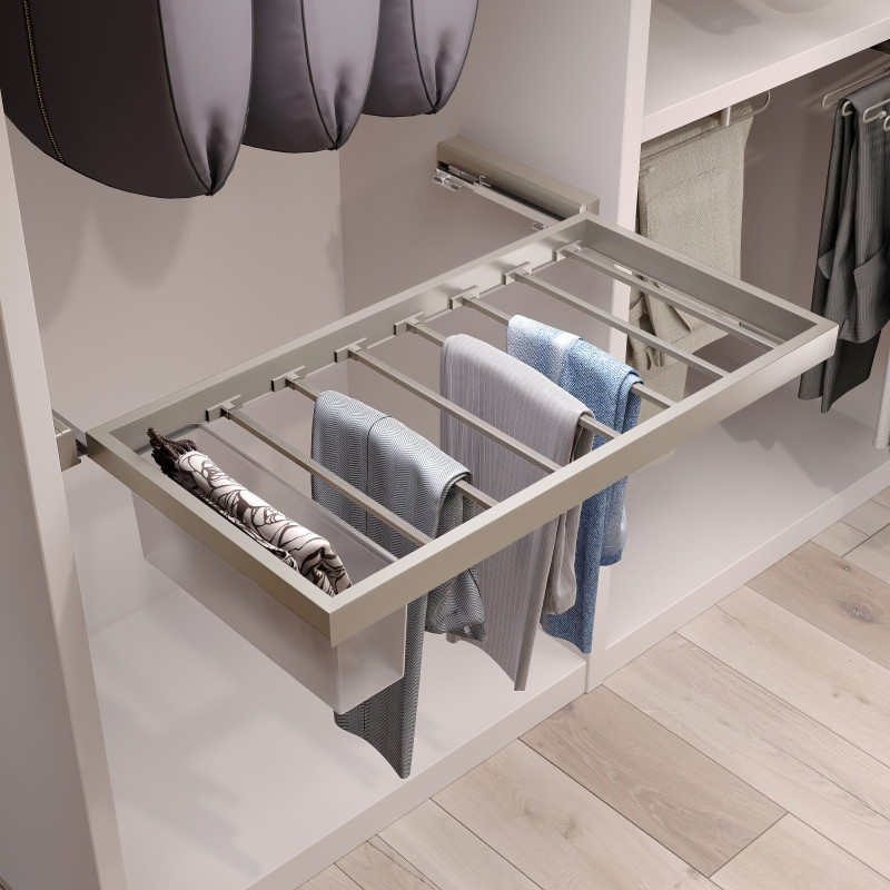 Kit di 7 aste portapantaloni e telaio a scorrimento con chiusura ammortizzata per armadi, regolabile, modulo 600 mm, testu