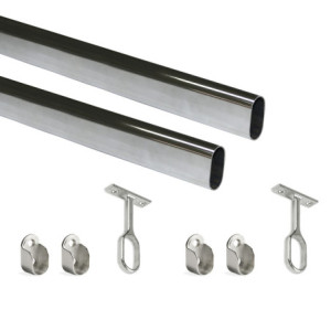 Lotto di 2 tubi appendiabiti ovali 30x15mm per armadi lunghezza 1,15m con reggitubi, Acciaio e Zama, Cromato lucido