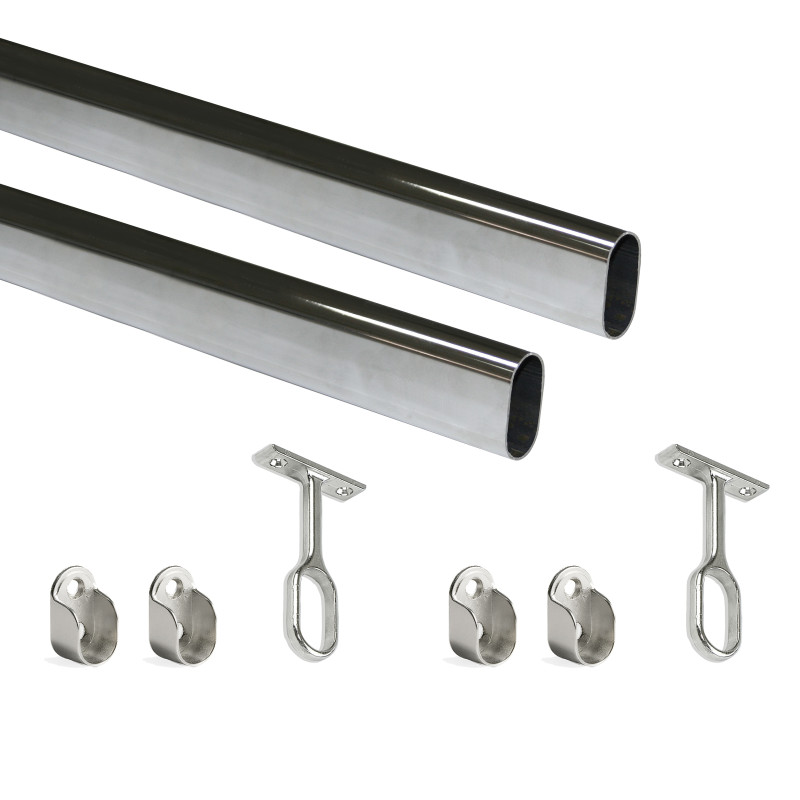 Lotto di 2 tubi appendiabiti ovali 30x15mm per armadi lunghezza 1,15m con reggitubi, Acciaio e Zama, Cromato lucido