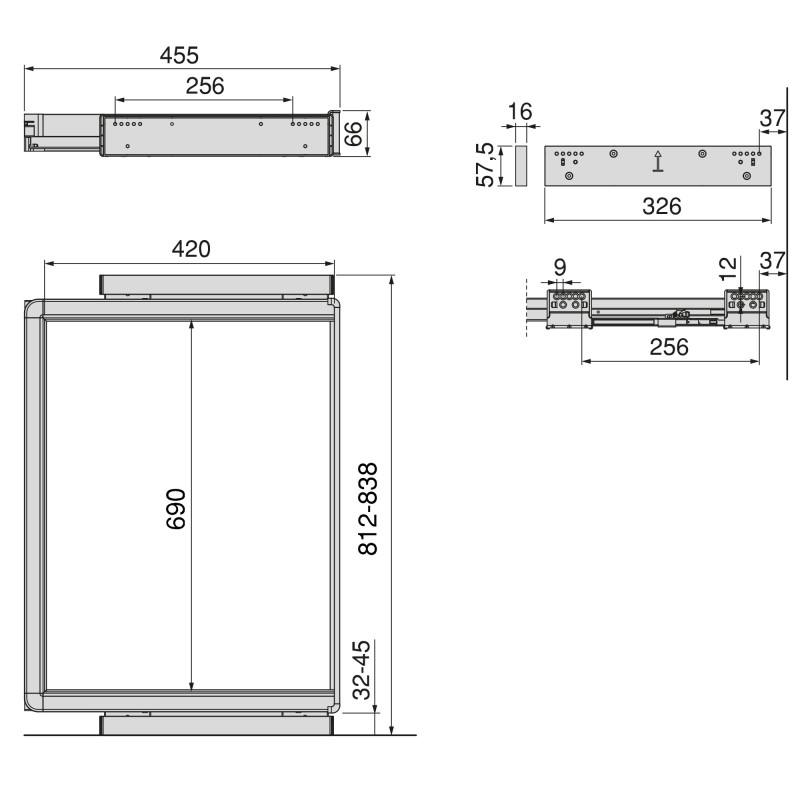 Telaio con guide a estrazione totale e chiusura morbida per accessori per armadi Quartz, 562-588mm, Alluminio e plastica