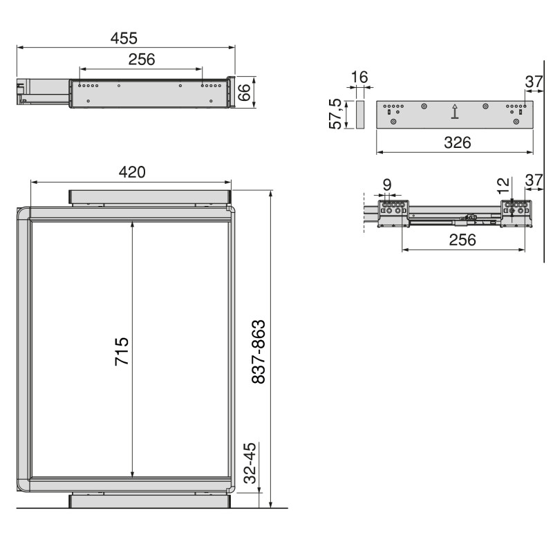 Telaio con guide a estrazione totale e chiusura morbida per accessori per armadi Quartz, 612-638mm, Alluminio e plastica