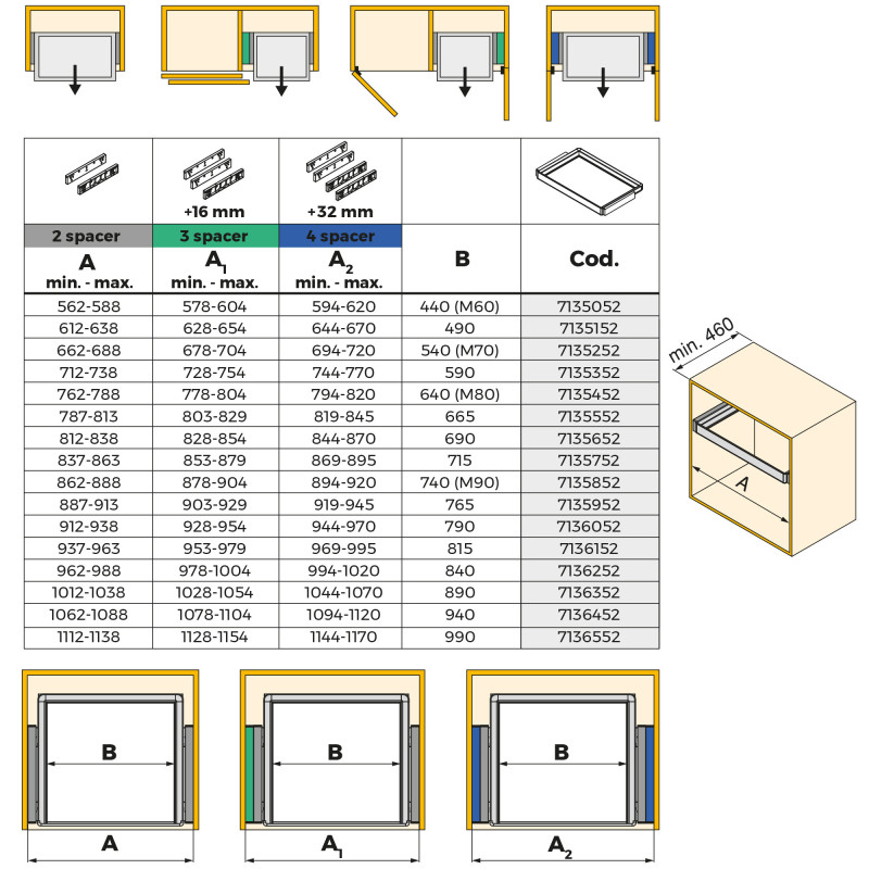 Telaio con guide a estrazione totale e chiusura morbida per accessori per armadi Quartz, 787-813mm, Alluminio e plastica