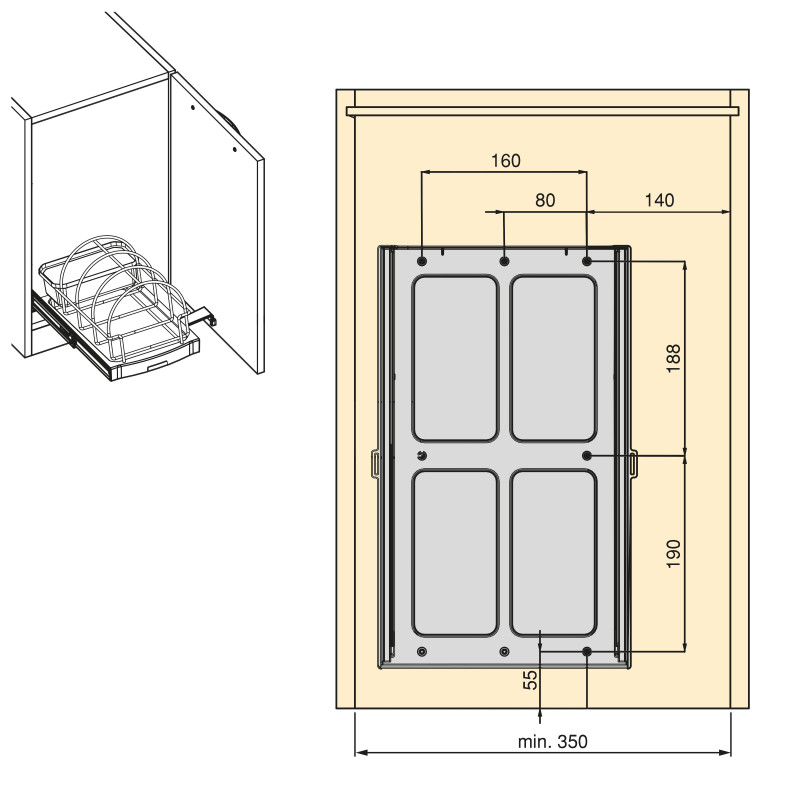 Contenitore per la raccolta differenziata da montare sul fondo ed estraibile automaticamente in cucina 2x14lt, Tecnoplasti