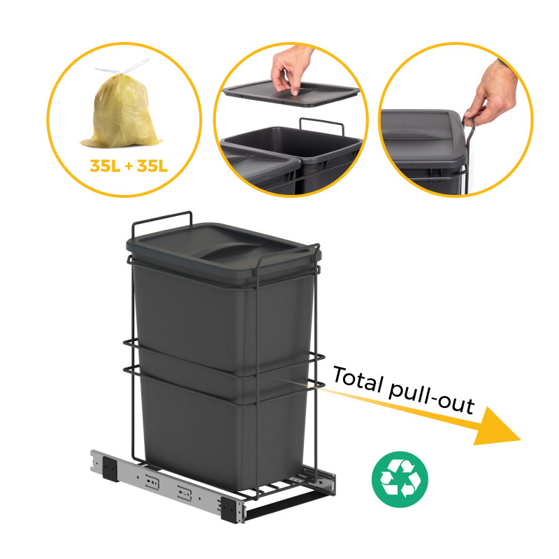 Contenitore per la raccolta differenziata Recycle Inox 2x12lt per il montaggio sul fondo e l'estrazione manuale/automatica