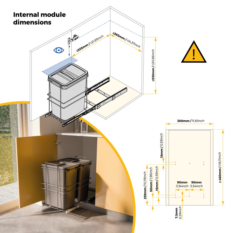 Contenitore per la raccolta differenziata Recycle Inox 2x12lt per il montaggio sul fondo e l'estrazione manuale/automatica