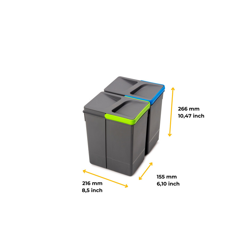 Kit di contenitori per la raccolta differenziata per cassetti da cucina Recycle Altezza Recycle 216 mm, 2x12 lt, Grigio an