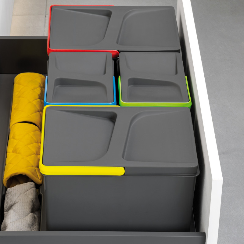 Kit di contenitori per la raccolta differenziata per cassetti da cucina Recycle Altezza Recycle 216 mm, 1x12lt, 2x6lt, Gri