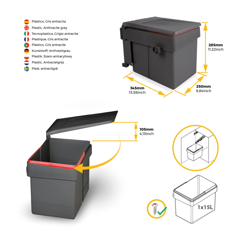 Kit di contenitori per la raccolta differenziata per cassetti da cucina Recycle Altezza Recycle 216 mm, 2x12 lt, 2x6 lt, G