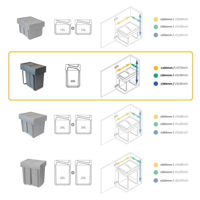 Kit di contenitori per la raccolta differenziata per cassetti da cucina Recycle Altezza Recycle 266 mm, 2x15 lt, Grigio an