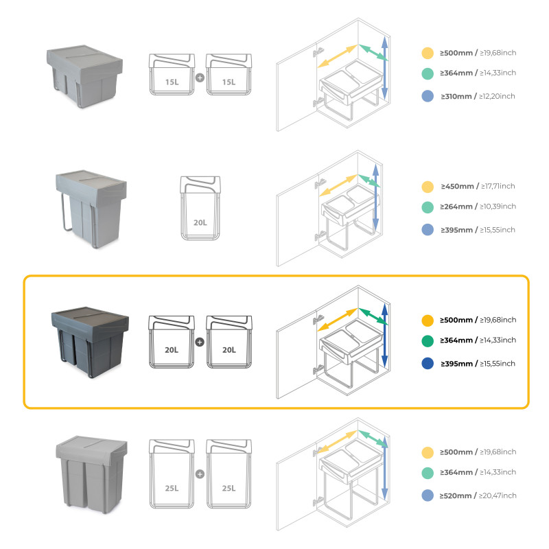 Kit di contenitori per la raccolta differenziata per cassetti da cucina Recycle Altezza Recycle 266 mm, 2x7 lt, Grigio ant
