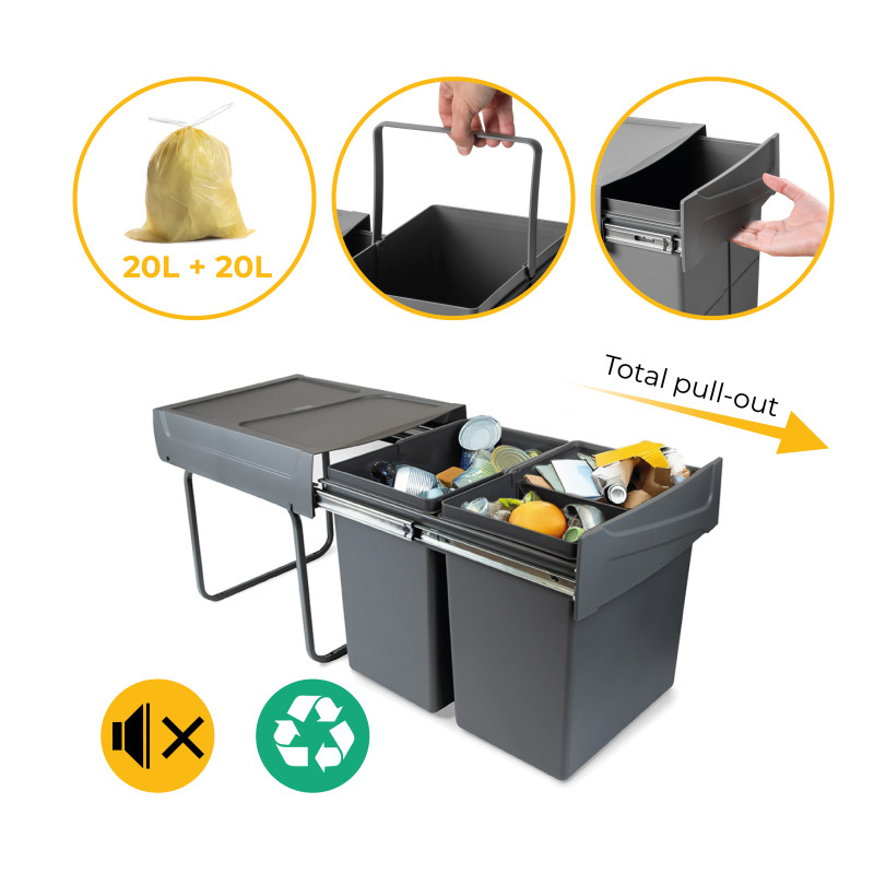 Kit di contenitori per la raccolta differenziata per cassetti da cucina Recycle Altezza Recycle 266 mm, 2x7 lt, Grigio ant