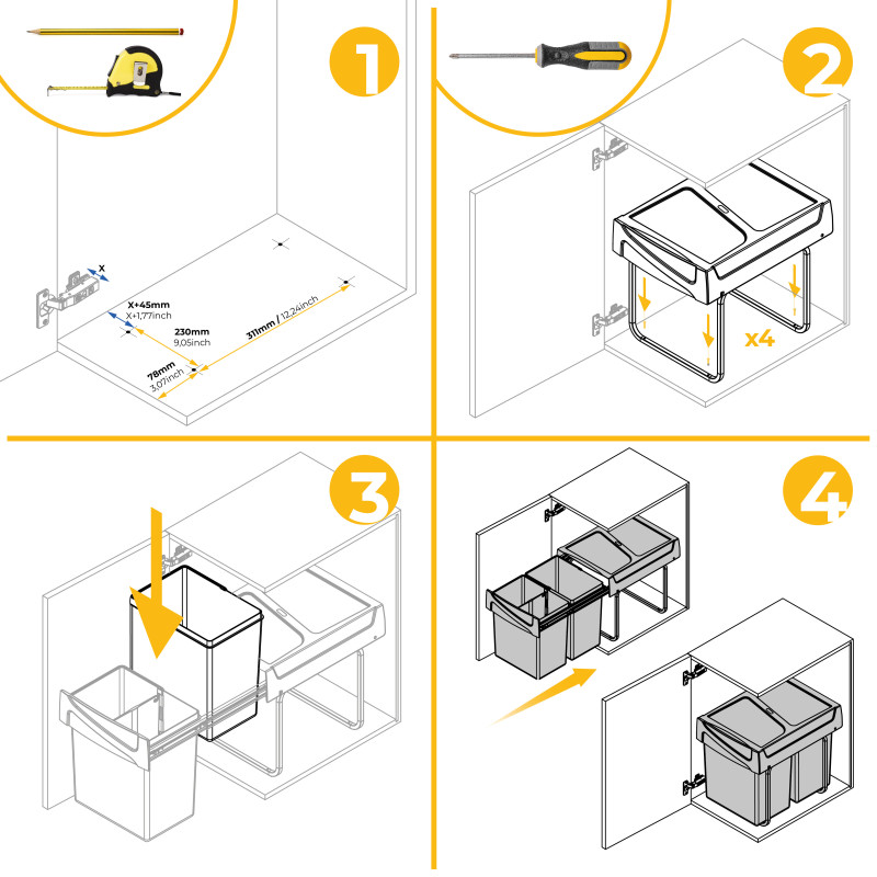 Kit di contenitori per la raccolta differenziata per cassetti da cucina Recycle Altezza Recycle 266 mm, 2x7 lt, Grigio ant