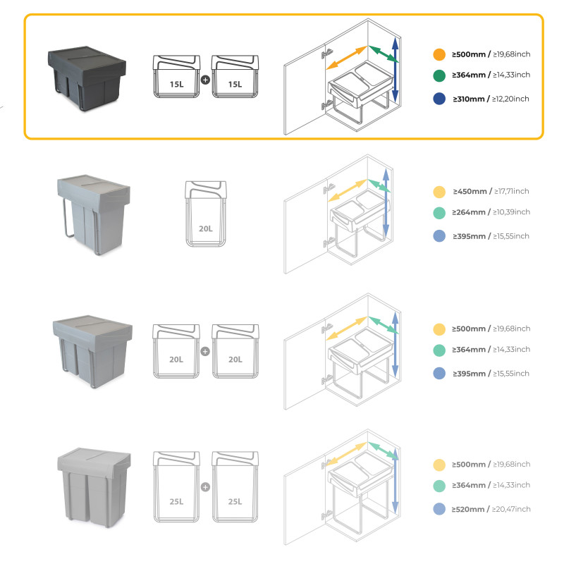 Kit di contenitori per la raccolta differenziata per cassetti da cucina Recycle Altezza Recycle 266 mm, 1x15 lt, 2x7 lt, G