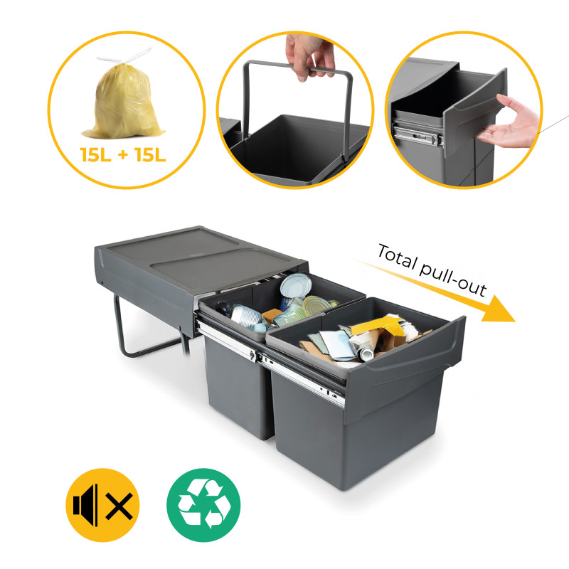 Kit di contenitori per la raccolta differenziata per cassetti da cucina Recycle Altezza Recycle 266 mm, 1x15 lt, 2x7 lt, G