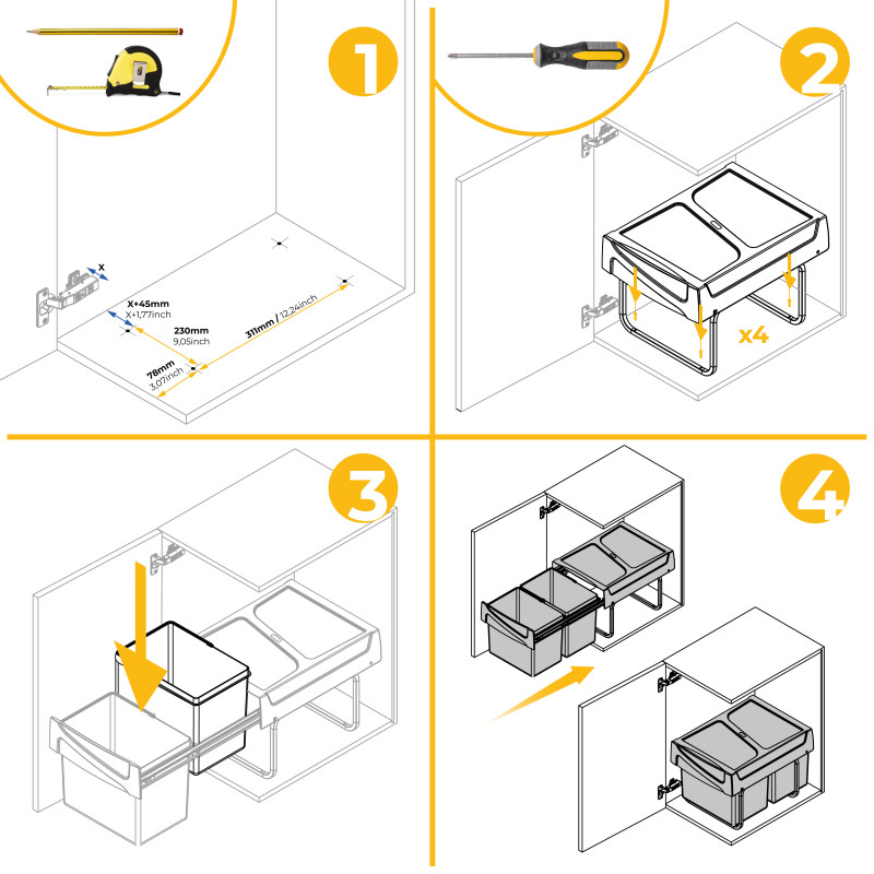 Kit di contenitori per la raccolta differenziata per cassetti da cucina Recycle Altezza Recycle 266 mm, 1x15 lt, 2x7 lt, G