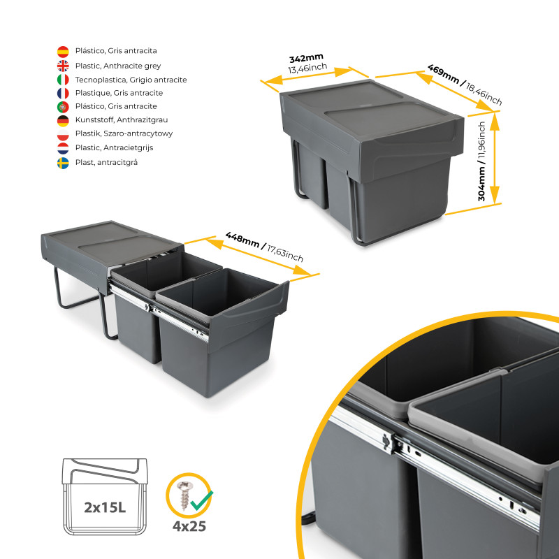 Kit di contenitori per la raccolta differenziata per cassetti da cucina Recycle Altezza Recycle 266 mm, 1x15 lt, 2x7 lt, G