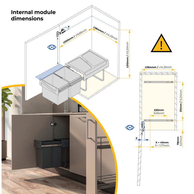 Kit di contenitori per la raccolta differenziata per cassetti da cucina Recycle Altezza Recycle 266 mm, 1x15 lt, 2x7 lt, G