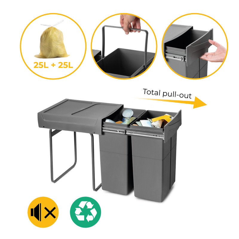 Contenitore per mobili Recycle da agganciare all'anta, 1 contenitore estraibile da 15 lt, Grigio antracite, Tecnoplastica