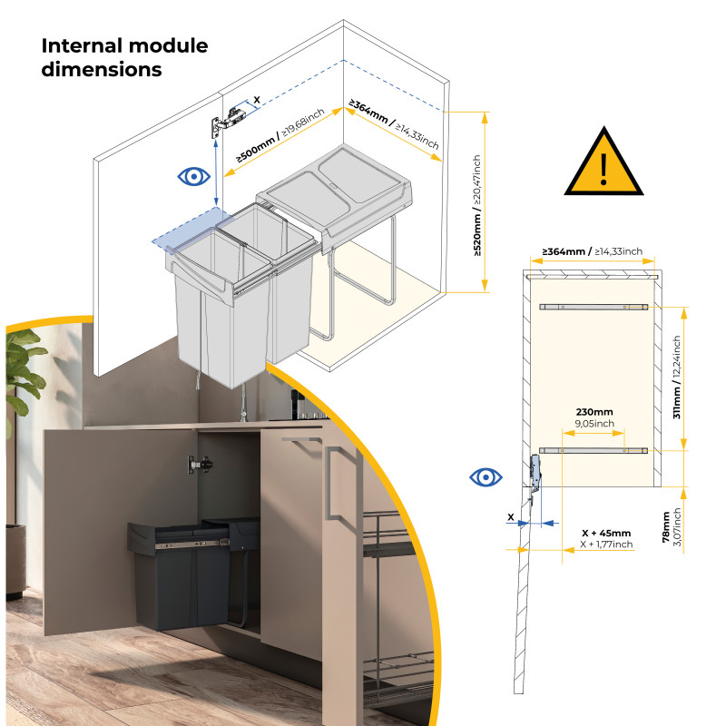Contenitore per mobili Recycle da agganciare all'anta, 1 contenitore estraibile da 15 lt, Grigio antracite, Tecnoplastica