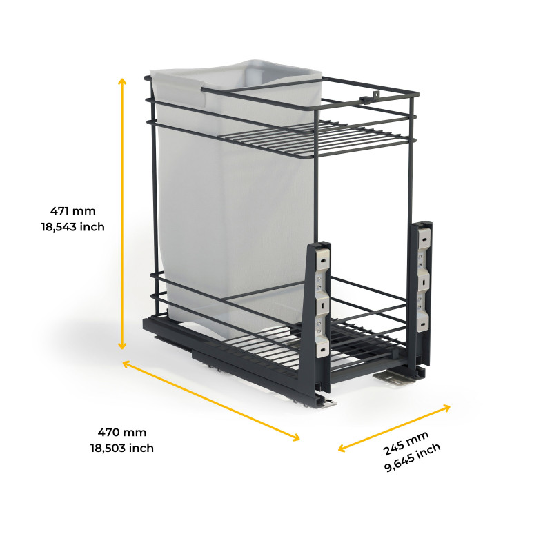 Portabottiglie estraibile TitaneMax con chiusura soft, lato sinistro, 3 vassoi, unità 200mm, Acciaio, Grigio Antracite
